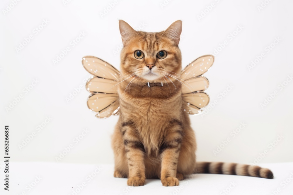 Obraz premium cute havana brown cat wearing a butterfly costume isolated on pearl white background