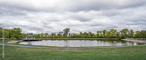 Park Pond Panorama with Cloudscape in Early Fall