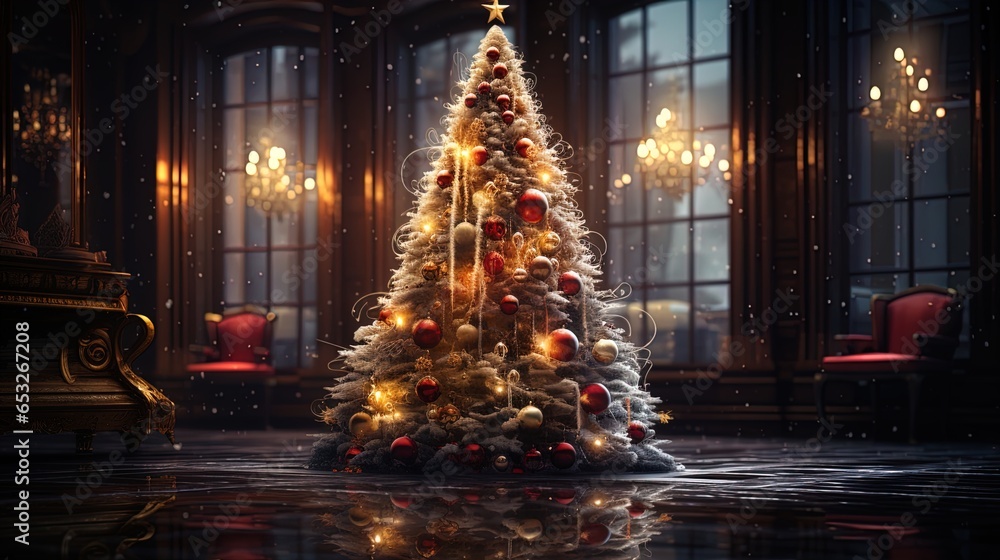 Contemporary Yuletide Elegance: Modern Christmas Tree in a Festively Decorated Urban Home in 8K created with generative ai technology