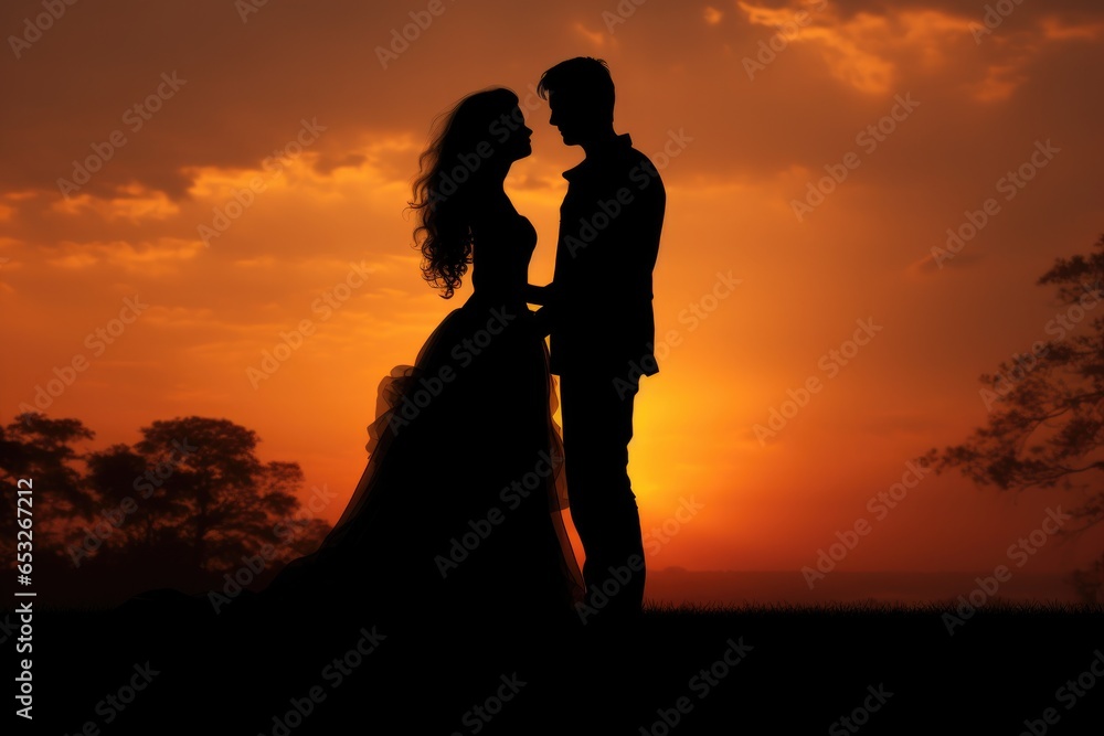 silhouette of a couple in love at sunset on the beach