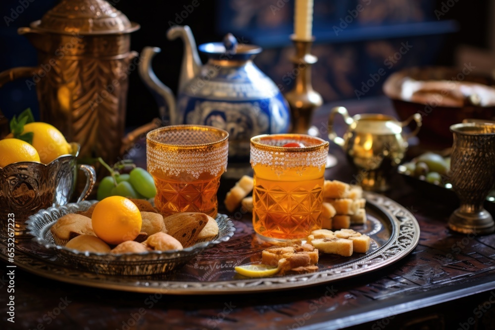 moroccan teapots, glasses, and traditional dessert on a carved tray