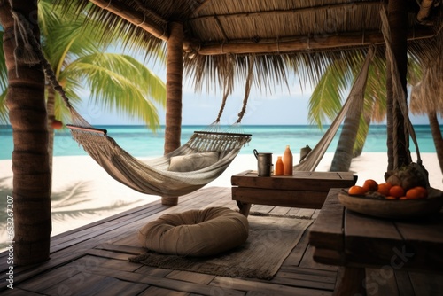 caribbean beach setup with fresh coconut water and laid hammocks © altitudevisual