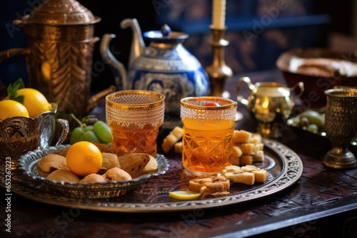 moroccan teapots  glasses  and traditional dessert on a carved tray