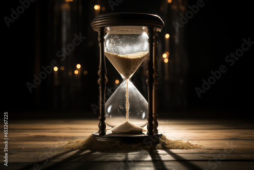 An antique hourglass resting on a vintage wooden surface, Hourglass on dark background with copy space, time concept, Golden hourglass illustration
