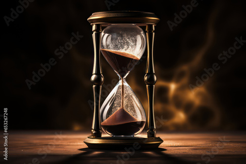 An antique hourglass resting on a vintage wooden surface, Hourglass on dark background with copy space, time concept, Golden hourglass illustration