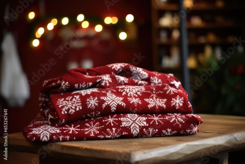 christmas jumper with snowflake patterns folded on table