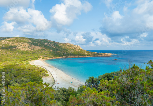 Corse  France  - Corsica is a big touristic french island in Mediterranean Sea  beside Italy  with beautiful beachs and mountains. Here the beach named Plage de Roccapina