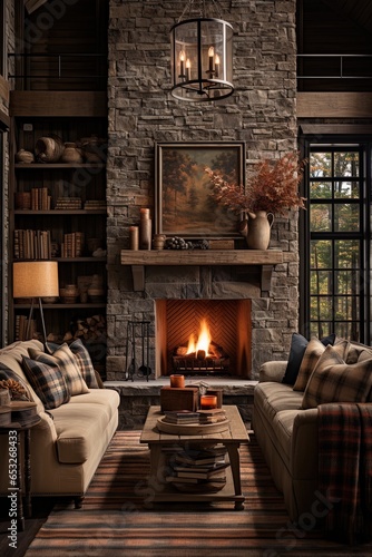 A cozy living room with a fireplace and a coffee table. 