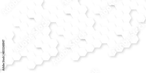 White Background with white hexagons. White texture honeycomb background. Abstract background with lines. Surface polygon pattern with glowing hexagon paper texture and futuristic business.