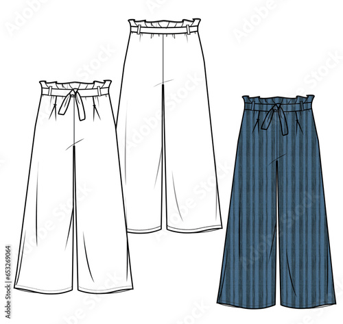 women wide leg paper bag casual pant with knot tie fashion vector, Flat Drawing.