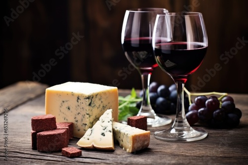 a glass of red wine next to a block of cheese on a rustic table