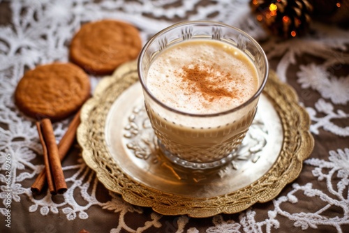 eggnog with a sprinkle of cinnamon, cookies on a lace doily