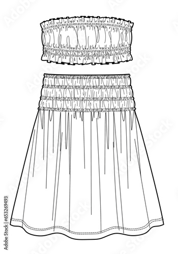 women off shoulders smocking top and smocking A line flowy skirt,set fashion vector,cad