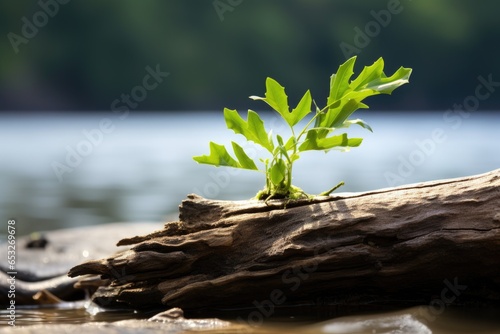 a small plant growing on a driftwood log