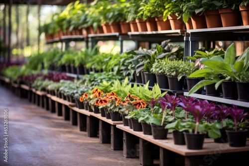 a row of discounted plants in a garden center photo