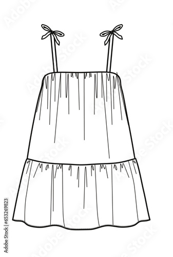 women tiered A line flowy mini beach dress ,tie strap summer dress ,fashion vector,cad,technical drawing