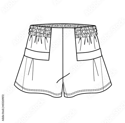 women elastic and drawstring waist short fashion technical drawing,template,fashion cad