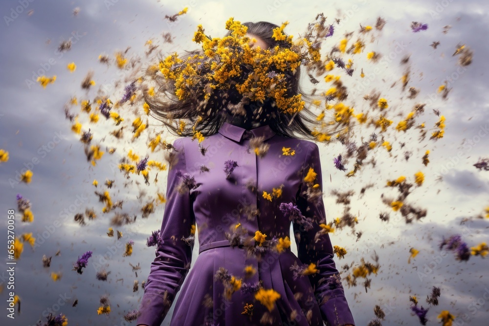 portrait d'une femme à la robe violette dont le visage est caché par des fleurs jaunes volantes  - obrazy, fototapety, plakaty 