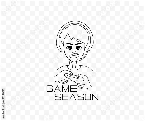 Boy, teenager plays video games in anime style, linear graphic design. Playing, gaming, gamer, amusement, in headphones and with joystick or controller, vector design and illustration