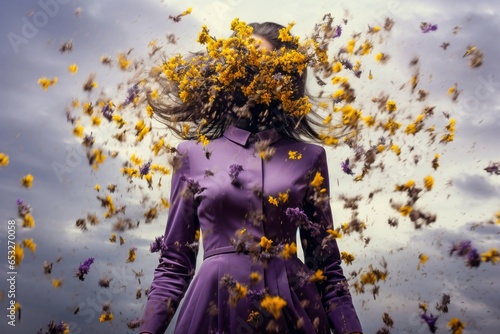 portrait d'une femme à la robe violette dont le visage est caché par des fleurs jaunes volantes 