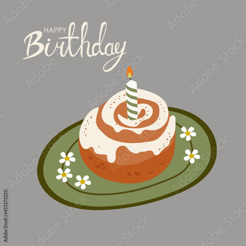 Illustration  Happy Birthday Cinnamon Roll  and Plate 