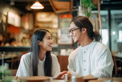 Couple laughing cheerfully while eating together in a Japanese restaurant. Happy couple having a good time in a restaurant. Mature couple enjoying their retirement together. Generative AI.