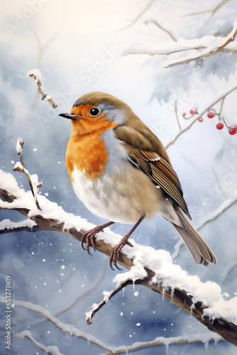 Watercolour of a robin redbreast (Erithacus rubecula) bird in the winter snow, a British European garden songbird often found on Christmas greeting cards, computer Generative AI stock illustration