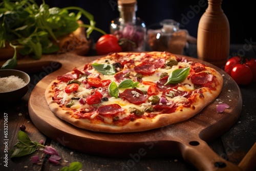 freshly baked homemade pizza on a wooden peel