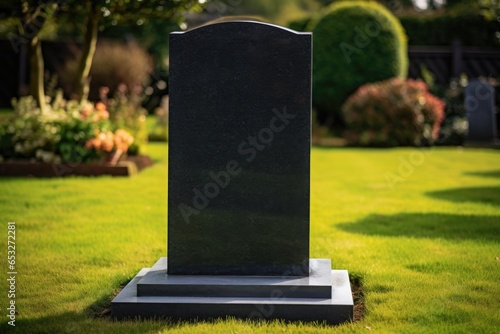 a smooth black granite headstone against a neatly trimmed lawn