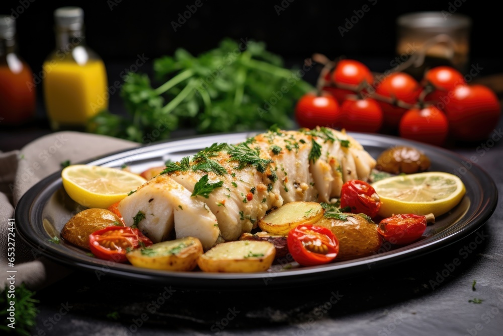 baked fish fillet served with vegetables baked fish fillet served with vegetables