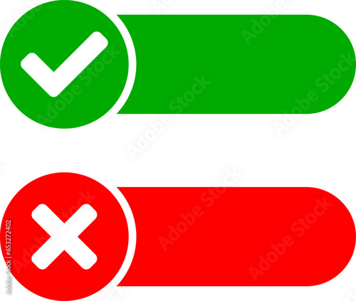 Approved and Rejected Icon Set with Green Check Mark and Red X Signs. Vector Image.