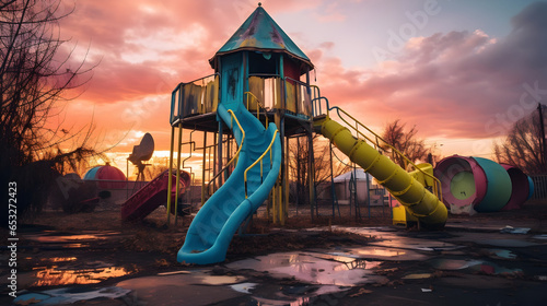 abandoned children park in sunset, apocalyptic Symphony photo