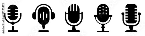 Podcast logo design. Microphone Icons set. Podcast. Badge, icon, stamp, logo. Variant microphone icon. Karaoke mic. Vector illustration.