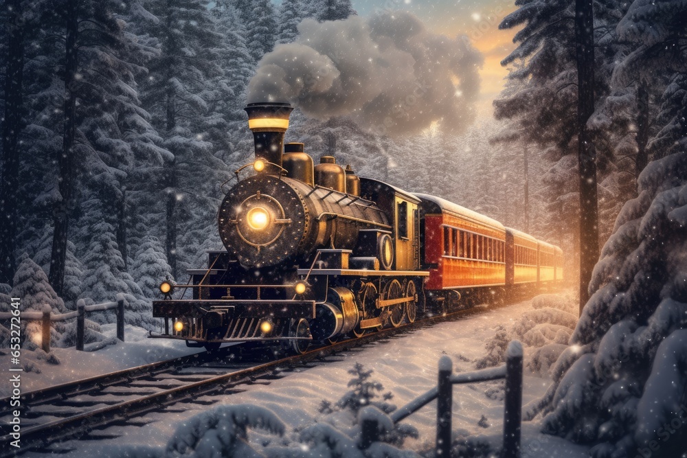 Old steam locomotive rides through a winter forest. - obrazy, fototapety, plakaty 