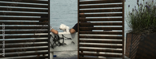Coppia di spalle con cagnolino seduti in una panchina lungo il Lago d'Iseo