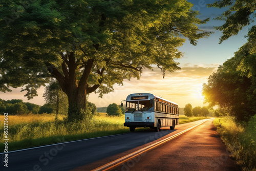 bus on asphalt road at sunset
