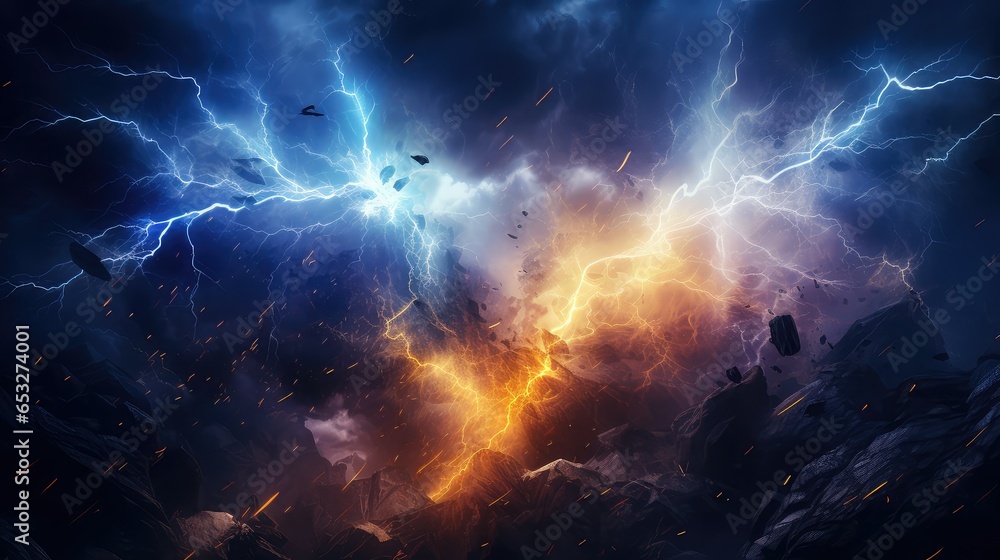 Obraz premium explosion lightning collision powerful illustration electric background, power light, blast electricity explosion lightning collision powerful