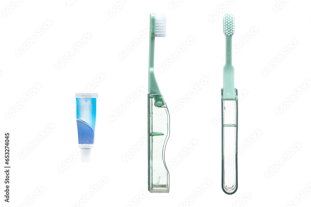 Portable travel toothbrush and toothpaste tube isolated on white background Portable travel toothbrush and toothpaste tube isolated on white background