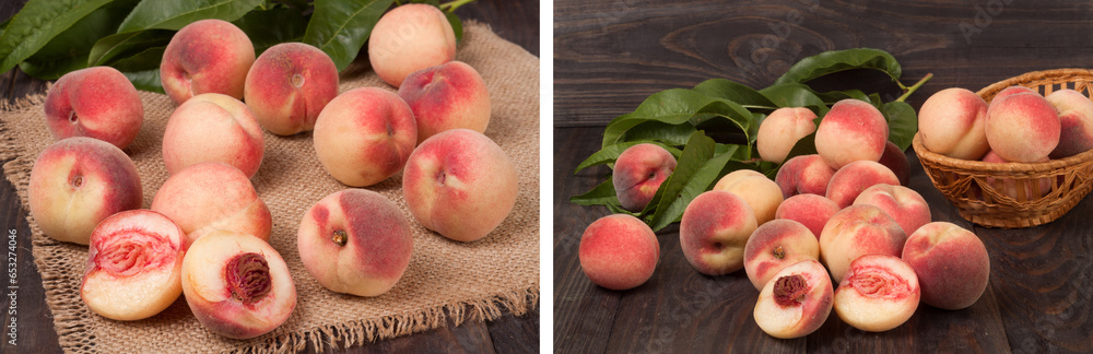 peaches in a wicker basket with leaves on wooden table peaches in a wicker basket with leaves on wooden table
