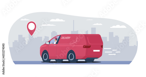 Fototapeta Naklejka Na Ścianę i Meble -  Delivery van with a driver rides on the background of an abstract cityscape. Vector illustration.
