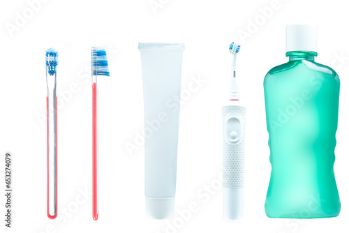 toothpaste mouthwash toothbrushes interdental brush and dental floss isolated on white background. Oral hygiene