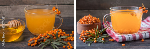 Tea of sea-buckthorn berries with honey and a branch on wooden background photo