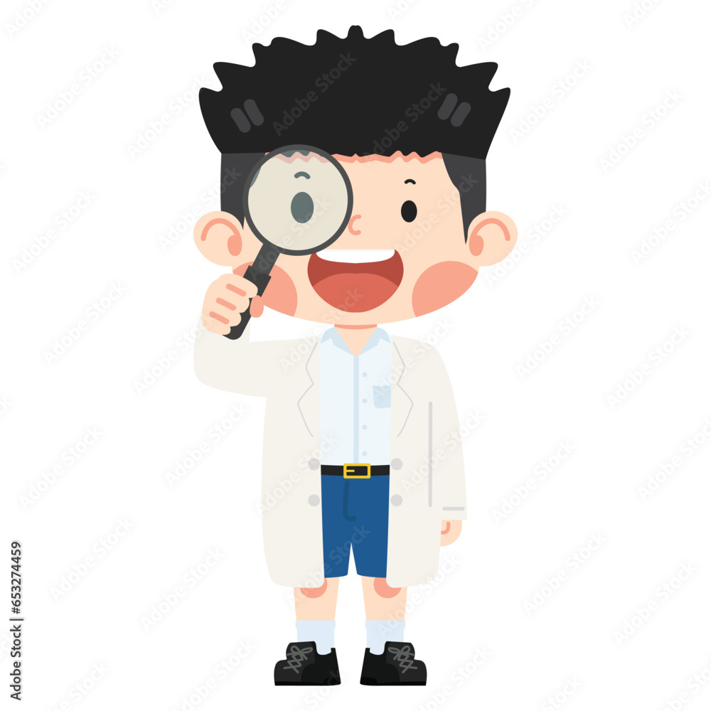 Kid boy Scientist Looking Through a Magnifying