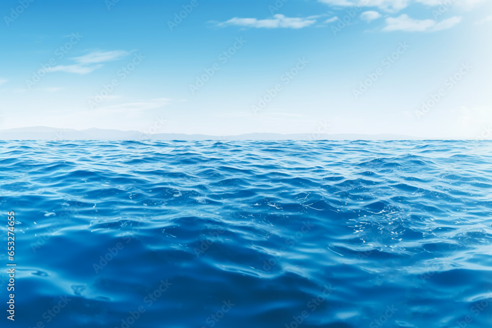 Blue water background with waves and ripples, horizon, blue sky and clouds. Panorama of blue clear ocean or sea water surface. Generative AI