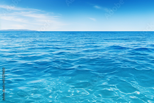 Blue water background with waves and ripples, horizon, blue sky and clouds. Panorama of blue clear ocean or sea water surface. Generative AI