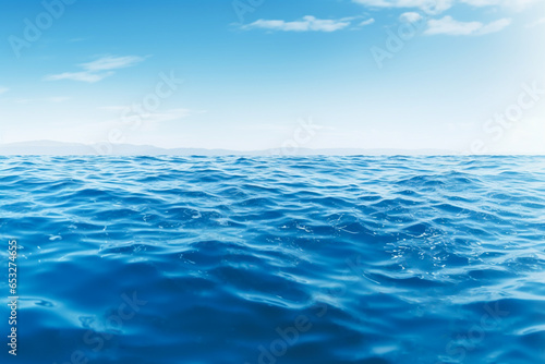 Blue water background with waves and ripples, horizon, blue sky and clouds. Panorama of blue clear ocean or sea water surface. Generative AI © artsterdam