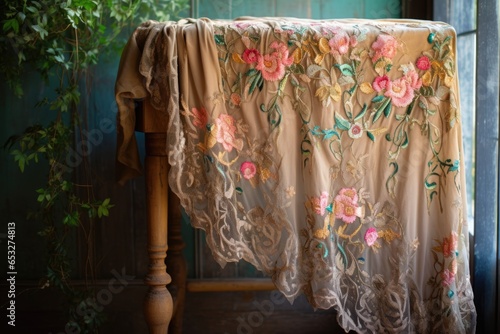 detailed embroidery on a vintage shawl draped over a stand © altitudevisual