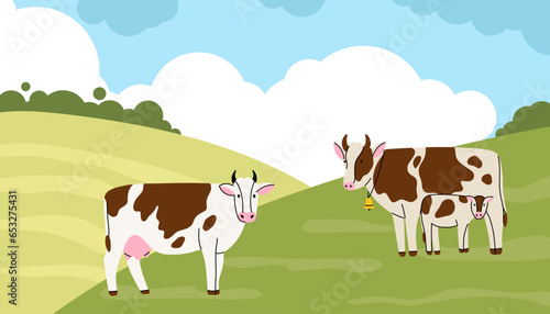 Rural landscape. Cows grazing in pasture, farm animals eating grass. Country summer field, countryside ranch. Hand drawn funny contemporary drawing. Standing mammal. Cartoon flat illustration