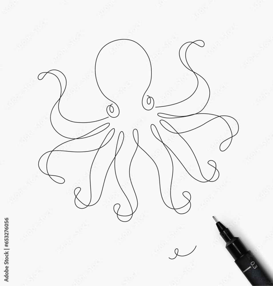 Octopus sea creature drawing in pen line style on white background