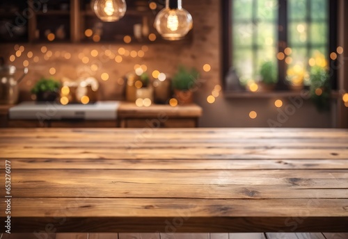 Empty wooden table top with out of focus lights bokeh rustic farmhouse